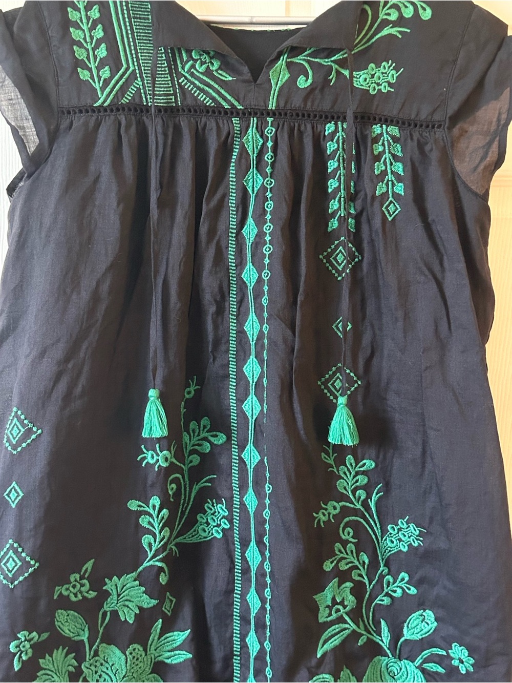 Johnny Was Willow Petal Sleeve Black Mini TunicDress with Green Embroidery - Picture 8 of 11